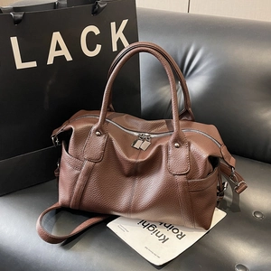 Retro brown lychee leather tote bag with large capacity and elegant double top handles