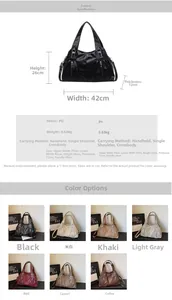 Detailed size chart for the PU leather tote bag with seven available color options