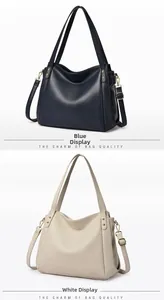 Blue and white large capacity leather bucket bags with adjustable straps and gold hardware