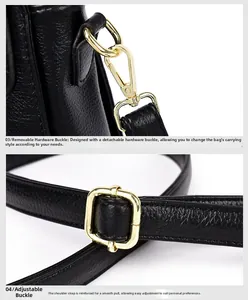 Detail of gold detachable metal buckle and adjustable shoulder strap on black bucket bag