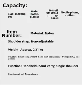 Details van lichtgewicht nylon stof, 0,31 kg gewicht en de interne tasstructuur in detail