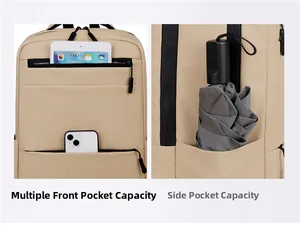 Detail showing multi-pocket storage and side elastic pouch for tablet and umbrella