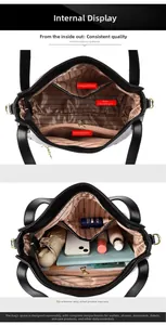 Detail view of large capacity black tote interior with striped lining and storage pockets