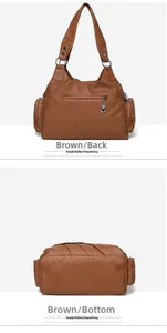 Dettaglio della tasca posteriore con zip e cucitura del fondo della borsa in pelle marrone