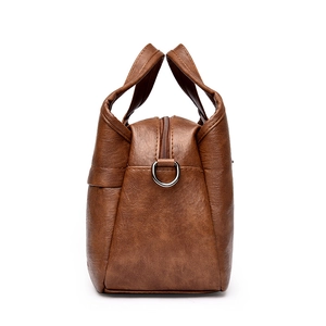 Vintage dark brown leather handbag with top handles and multi-layer spacious design