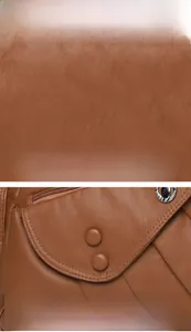 Dettaglio della pelle marrone con pieghe eleganti e bottone decorativo rotondo