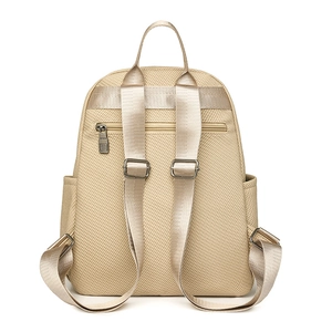 Beige minimalist textured fabric backpack with adjustable straps and rear zipper pocket
