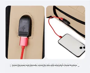 Detail view of khaki backpack with external USB port charging a smartphone via cable