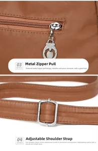 Dettaglio della texture in pelle marrone con cerniera in metallo e fibbia a tracolla regolabile