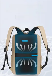 Detail of breathable honeycomb mesh back padding and luggage strap on beige laptop backpack