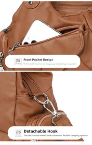 Dettaglio della borsa in pelle lavata con tasca frontale con zip e ganci metallici rimovibili