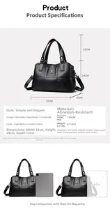 Detailed size specifications and material chart for black litchi pattern leather bucket bag