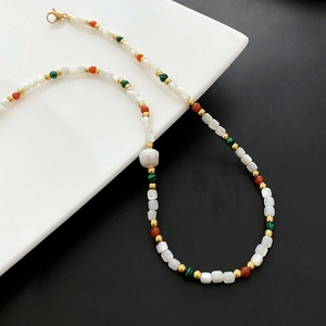 Beaded Necklace With Freshwater Pearl Stainless Steel Shell Natural Stone Bohemian Retro Clavicle Chain For Women