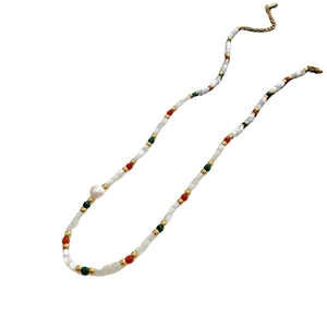 Freshwater pearl necklace with malachite and red beads on minimalist gold chain