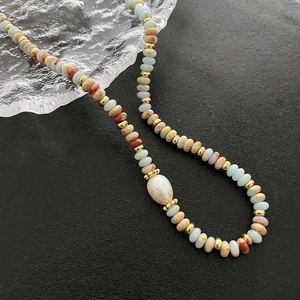 Stainless Steel Beaded Necklace With Natural Stone And Artificial Baroque Pearl Colorful Handmade Jewelry For Women Summer