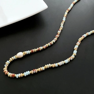 Bohemian natural stone beaded necklace with a baroque pearl and gold spacers