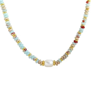 Colorful natural stone beaded necklace with baroque pearl and golden spacers for women