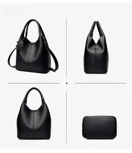 Vues détaillées sous plusieurs angles du sac seau noir en cuir avec logo et bandouillère