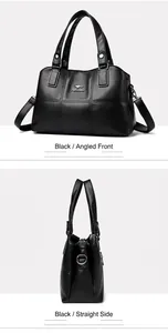 Detail view of black lychee leather handbag featuring a silver kangaroo logo and texture