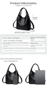 Vue détaillée du sac à main noir en cuir grainé avec dimensions et doubles poignées