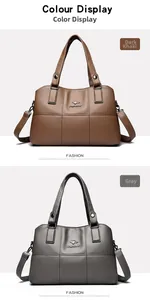 Detail of leather tote bags in dark khaki and gray with metal kangaroo logos