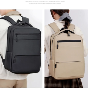 Detail view of large capacity waterproof laptop backpacks in black and khaki colors