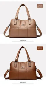 Detail of pebbled leather bucket bags in light khaki and yellow brown with kangaroo logo