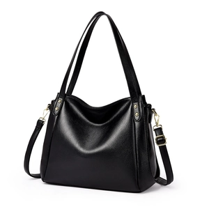 Elegant black large-capacity bucket bag with lychee texture and golden hardware