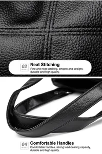 Macro view of black lychee grain leather texture and high-quality stitching on handbag