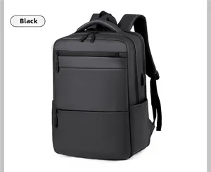 Detailed side view of black laptop backpack showing USB charging port and water-resistant fabric
