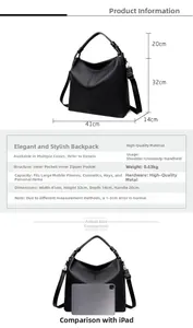 Dimensioni per borsa hobo in pelle nera con tasche interne e tracolle regolabili