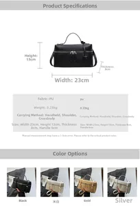Detailed size specifications and color options for the stylish PU leather handbag