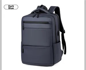 Detail of dark blue business backpack with external USB port and padded shoulder straps