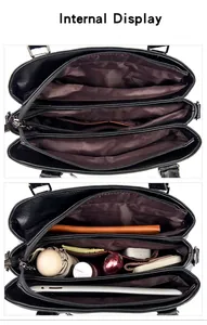 Internal display of black pebble leather bucket bag with multi-layer zipper compartments