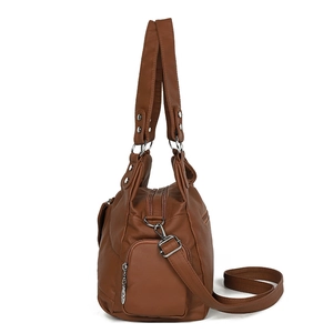 Borsa tote in pelle lavata marrone con cerniere laterali e tracolla regolabile per donna