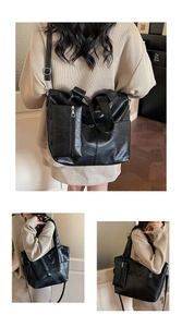 Close-up of black textured PU leather tote bag set with matching zipper pouch