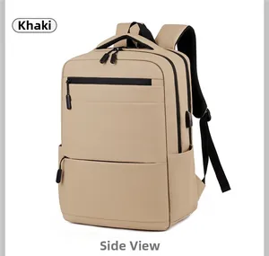 Detail of khaki business backpack with USB port and durable matte fabric texture