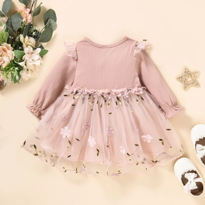Detail of pink long sleeve baby dress with mesh tutu skirt and floral embroidery