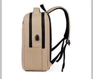 Side view of beige business laptop backpack with external USB charging port and side pocket
