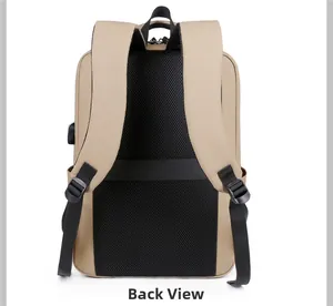 Detail view of khaki business backpack with ergonomic mesh back and luggage strap
