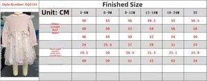 Detailed size chart for baby girl long sleeve mesh dress showing measurements in centimeters
