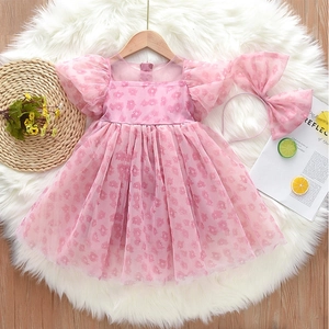 Détails de la robe en tulle rose à fleurs pour filles avec bandeau à nœud assorti