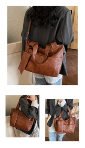 Detail view of retro brown faux leather tote with textured finish and inner pouch