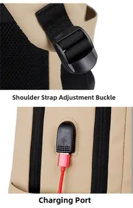 Detail of backpack USB charging port with red cable and adjustable shoulder strap buckle