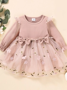 Baby Girls Long Sleeve Mesh Dress Ribbed Cotton Top Embroidery Floral Tulle Princess Tutu Skirt For Party Wedding Birthday Spring Autumn Toddler Clothing