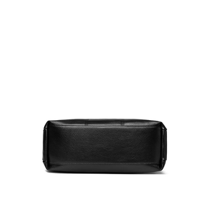 Bottom view of black litchi grain leather bucket bag with precise stitching detail