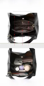 Vue détaillée de l'intérieur d'un sac en cuir noir avec plusieurs compartiments