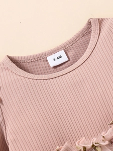 Pink long sleeve mesh dress for baby girls featuring ribbed fabric and soft lace trim detail