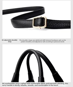 Détail du sac noir en cuir grainé avec boucles dorées et poignée ronde renforcée