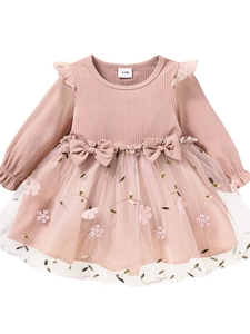 Pink long sleeve baby girl mesh dress with floral embroidery and ruffle shoulder detail